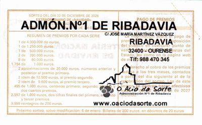 Reverso del d&eacute;cimo 95830 con el sello de la Administraci&oacute;n n&ordm; 1 &laquo;O Acio da Sorte&raquo;, en Ribadavia